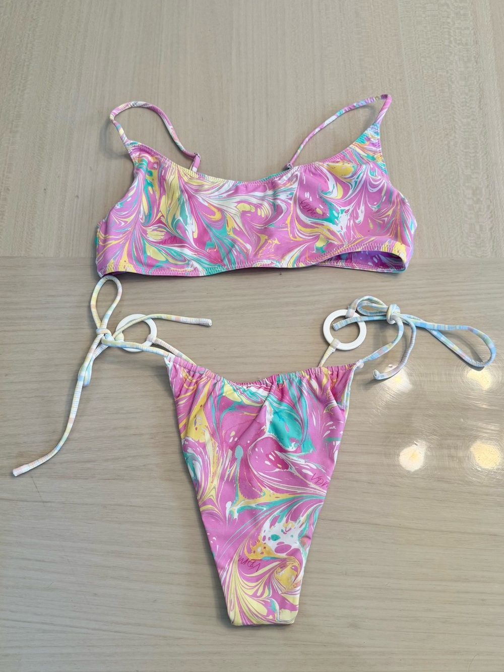 VDM The Label Kate Sorbet Marble Tartan Pastel Scoop Side Tie Bikini  Pink Ziggy